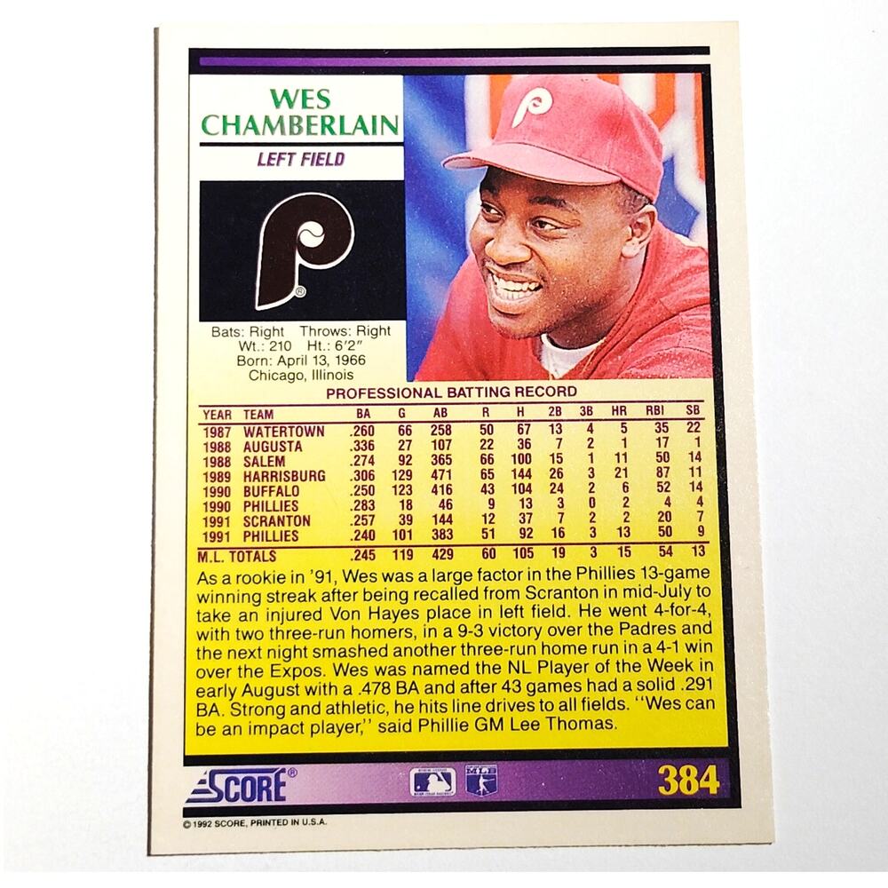 1992 Score Wes Chamberlain #384 Philadelphia Phillies Left Fielder MLB NM